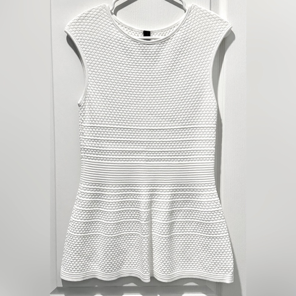 Marc Cain Capped Sleeve Texture Bubble Knit Flare Tunic w Ribbed Waist Off White